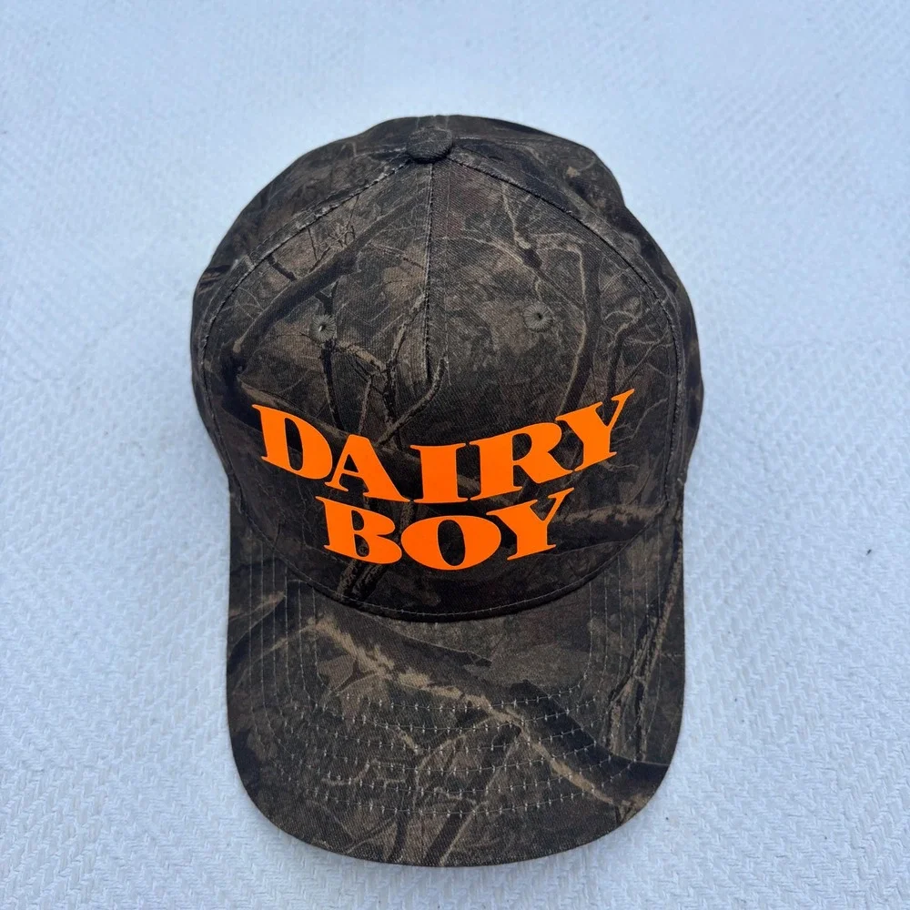 Unisex DAIRY BOY Paige Lorenze River Camo Logo‎ Trucker Hat in Orange NEW